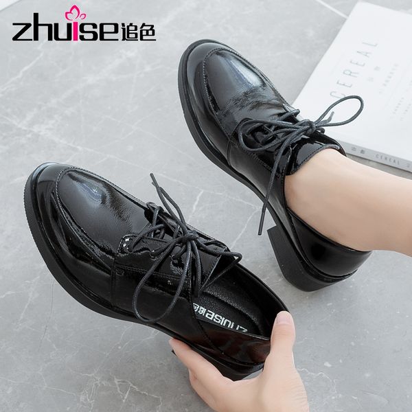 

zhuise women brogue shoes woman shinny patent leather square heel shoes high heels classics black women's pumps female