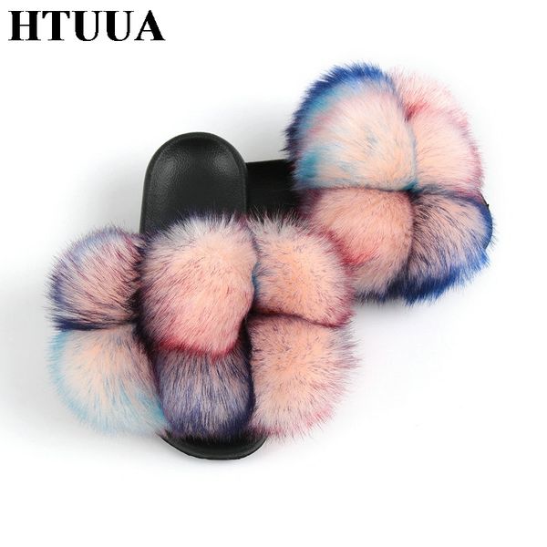 

htuua 2020 summer fur slides women faux fur ball fluffy slippers female autumn winter colorful plush slipper flat shoes 4225, Black