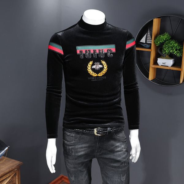 

2020 tide brand long-sleeved men's t-shirt autumn new embroidery little bee cotton slim printed bottoming shirt for men, White;black