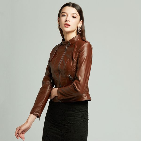 

women's jackets cross border hair on behalf of leather jacket slim coat coffee motorcycle, Black;brown