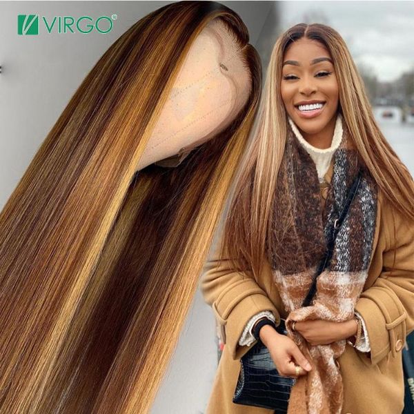 

lace wigs #4/27 straight highlight human hair wig ombre color honey bloned 13*4 front pre plucked brazilian remy 150%, Black;brown