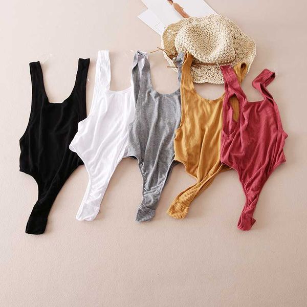 

u neck summer backless elastic women jumpsuit rompers casual ladies solid color bodycon beach wear knit bodysuit, Black;white
