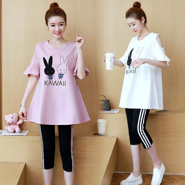 

summer fashion pregnant women suit pattern dress + seven-point maternity pants two-piece set, White
