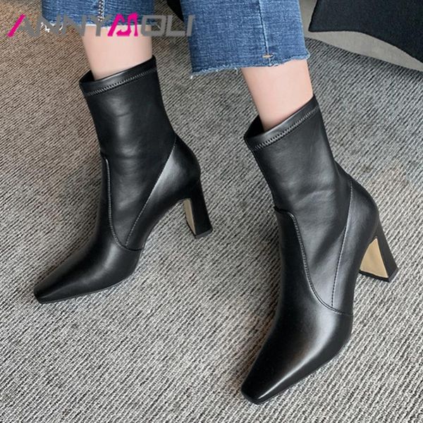 

boots annymoli ankle women shoes square toe chunky heels lady short slip-on high heel stretch autumn winter beige 40, Black