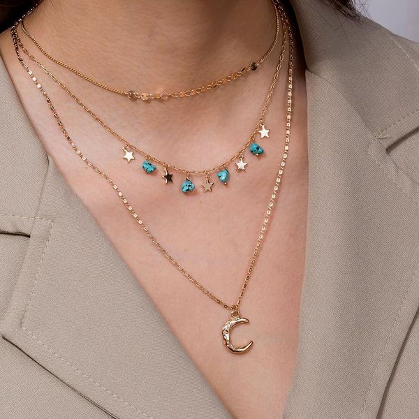 

european and american jewelry multi-layer crescent pendant necklace natural turquoise small star clavicle chain, Silver