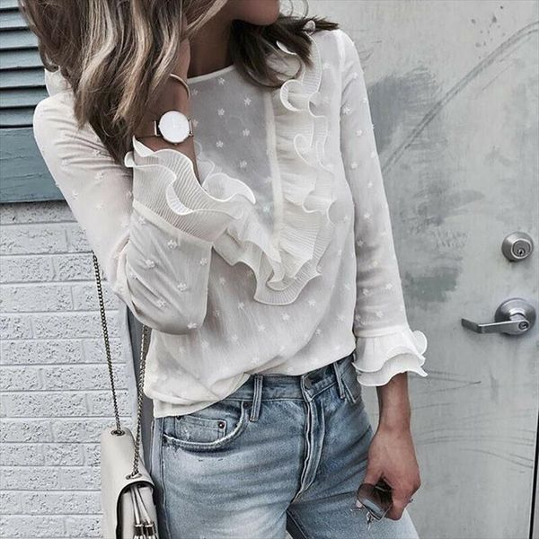 

мода женщин boho пляж сборки crew neck frill горошек топы и блузки с длинным рукавом элегантная женщина партии блузка blusas femininas, White