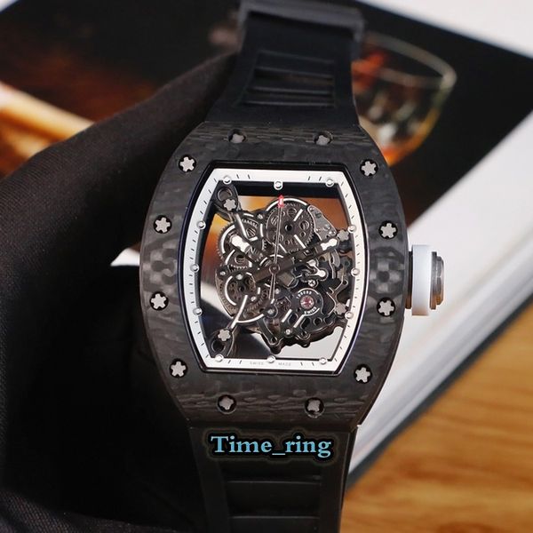 

version rm-055 skeleton dial ntpt carbon fiber case japan miyota automatic movement rm-055 mens watch black rubber strap brand watches, Slivery;brown