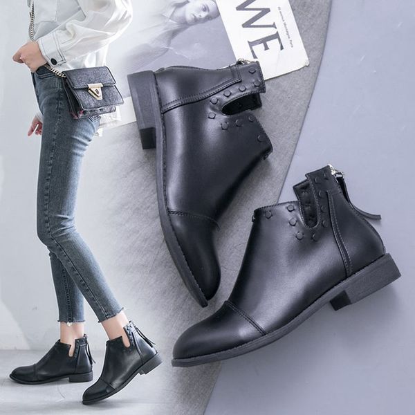 

зима новый черный мягкая кожа ботильоны для женщин короткие сапоги женская обувь мода работы повседневная zipper низкие каблуки женская обув, Black