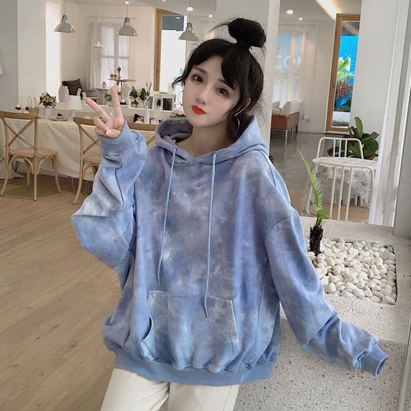 

multicolor tie dye sweatshirt women clothes hoodies pockets long sleeve drawstring trendy korean style causal loose hooded, Black