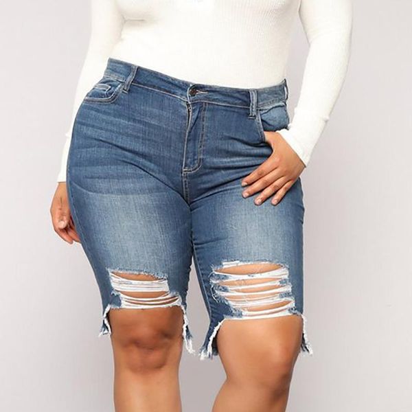 

2020 women harem jeans shorts knee length female high waist ripped slim denim short pant plus size casual shorts summer hole, Blue