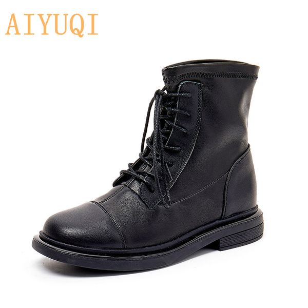 

women boots autumn genuine leather casual ladies motorcycle shoes couple shoes lace up ankle boots for women, Black