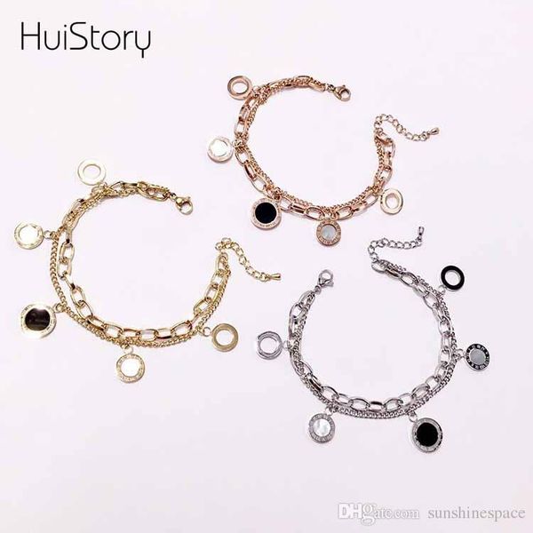 

roman numeral round coin hollow black and white shell double bracelet for women titanium steel bangle, Golden;silver