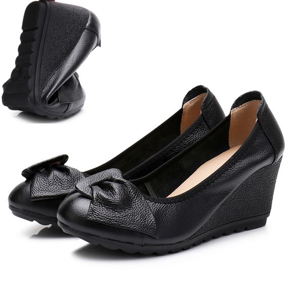 

wedges single shoe woman genuine leather work shoes women high heels 2020 autumn shallow pumps for mum female footware black