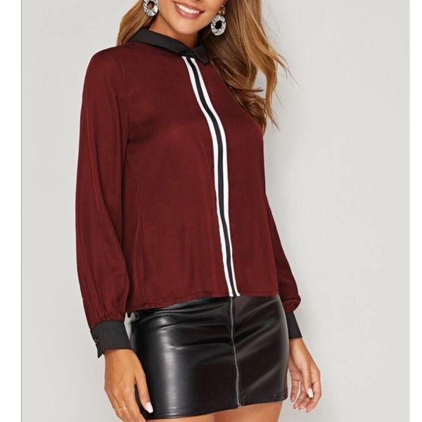 

women casual panelled shirts lapel color matching webbing splicing long sleeves color collision chiffon shirts new summer 2020, White