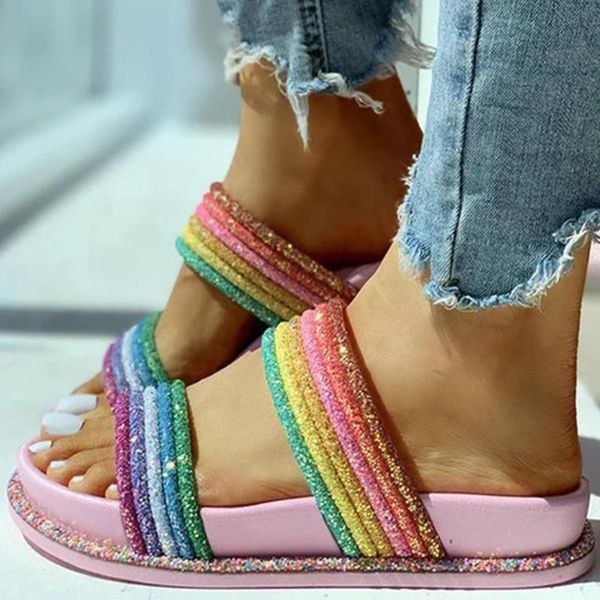 

fashion comfy slides ladies flat slippers women rainbow bling stitching color summer slip on platform sandals female d30, Black