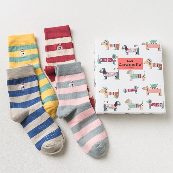 

caramella autumn and winter women's boxed dog embroidery 4 pairs and socks gift box cotton women's socks lrpul, Black