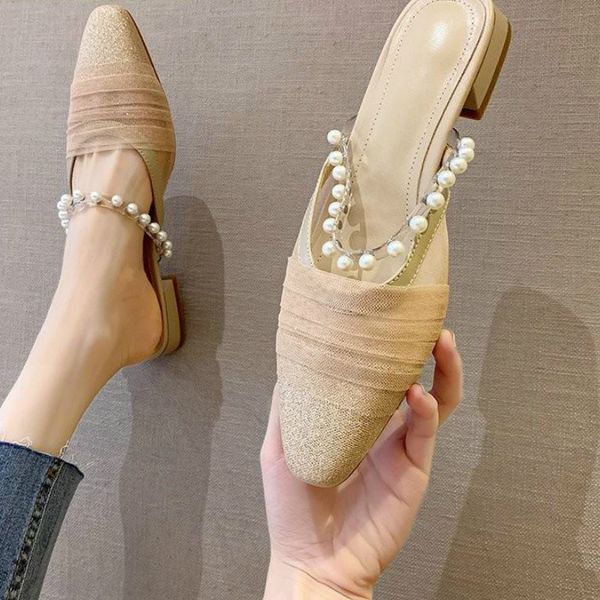 

slippers low heel women sequin breathable lace mules shoes pearl band closed toe glitter sandals size 35-39, Black
