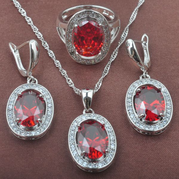 

2020 new red cubic zirconia wedding women's jewelry sets silver color ring necklace and earrings set tz093