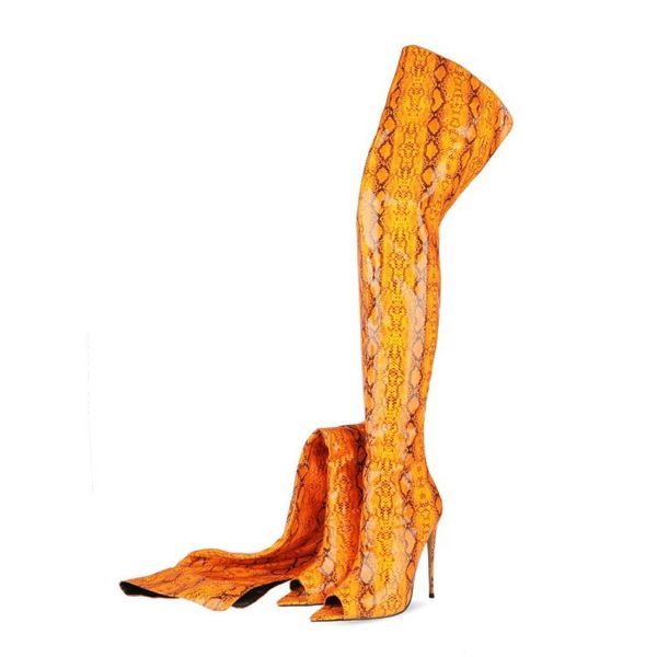 

stunning2020 fashion winter pointed serpentine thin high heel back zipper long boots catwalk women's shoes, Black