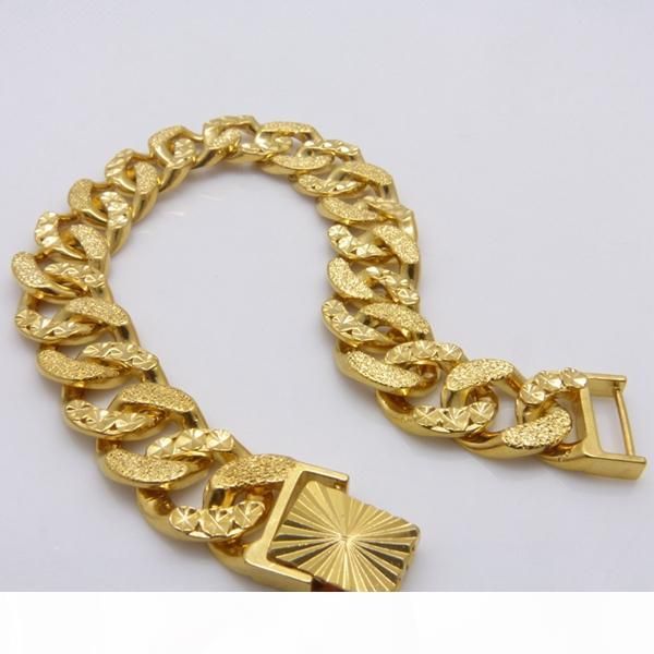 

carved wide wristband chain 24k yellow gold filled mens bracelet chain 8.6, Black