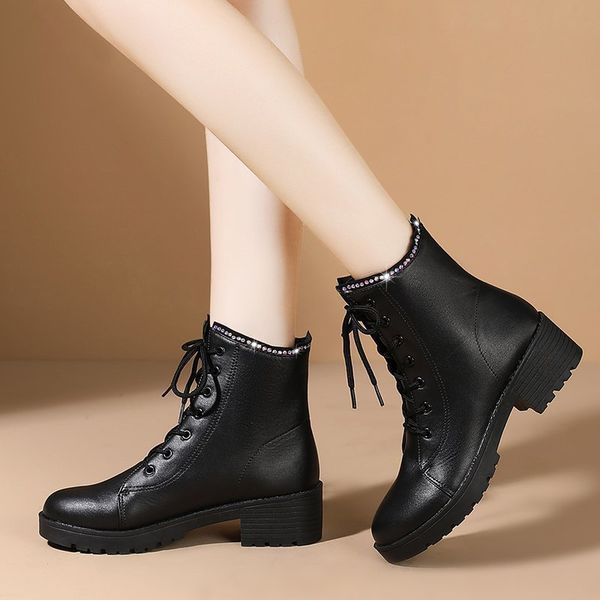 

women boots waterproof shoes women fashion round toe rhinestone decorative lace boots winter women's shoes botines mujer, Black