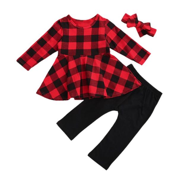 

2020 new fall autumn kid baby girls 3pcs set long sleeve red black plaid dress+pants+bow headband, White