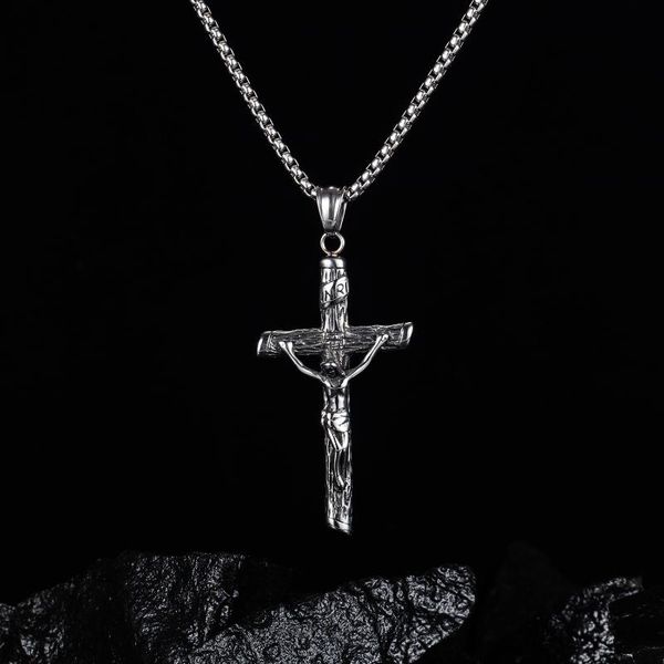 

opk men's cross jesus necklace religion prayer pendant stainless steel metal steel gold color box chain 1668, Silver