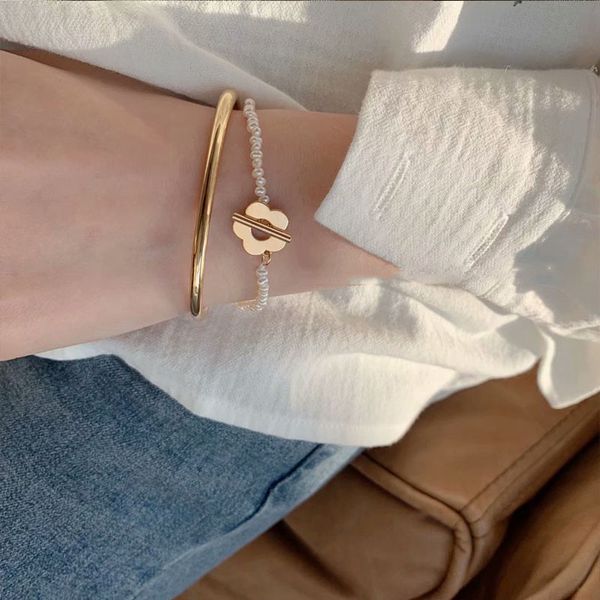 

aomu korean fashion gold color beads irregular pearl flower multilayer beaded bracelets for women charm party jewelry gift, Black