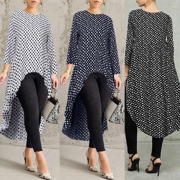 

fashion zanzea women long sleeve asymmetrical blouse spring polka dot long shirt casual high low blusas female chemise, White