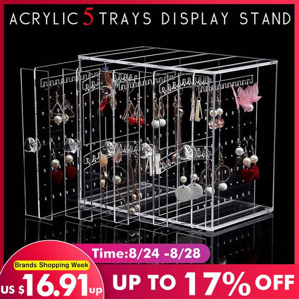 

5 trays acrylic earrings display stand jewelry storage box dustproof drawers rack holder storage case transparent / black, Silver