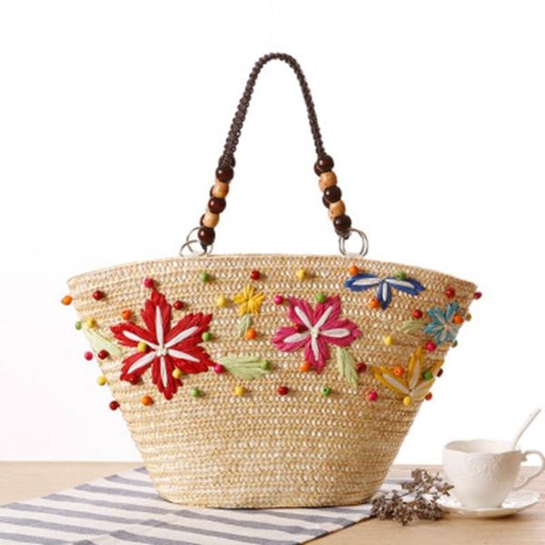 

new bohemian beads embroidery flowers pine wood shoulder bag woven starfish woven bag handbags
