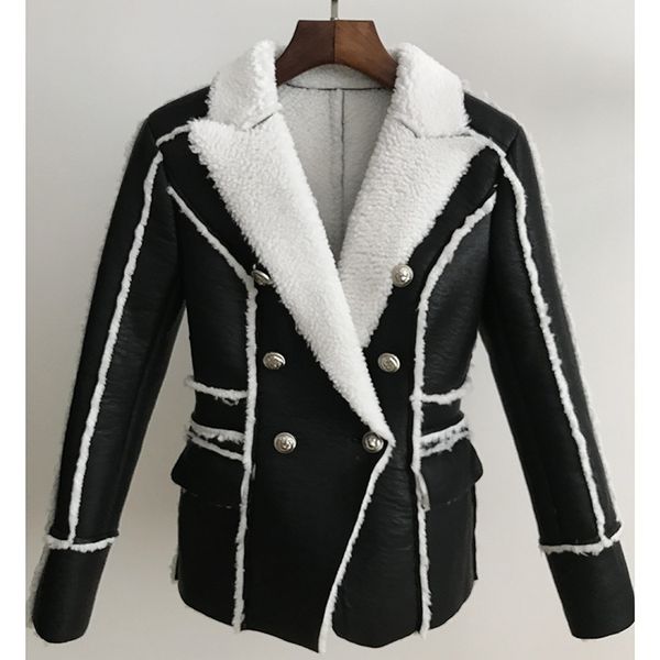 

faux pu leather coat short jacket outwear suit 2020 fashion with fur lined lining classic black with white stripe line