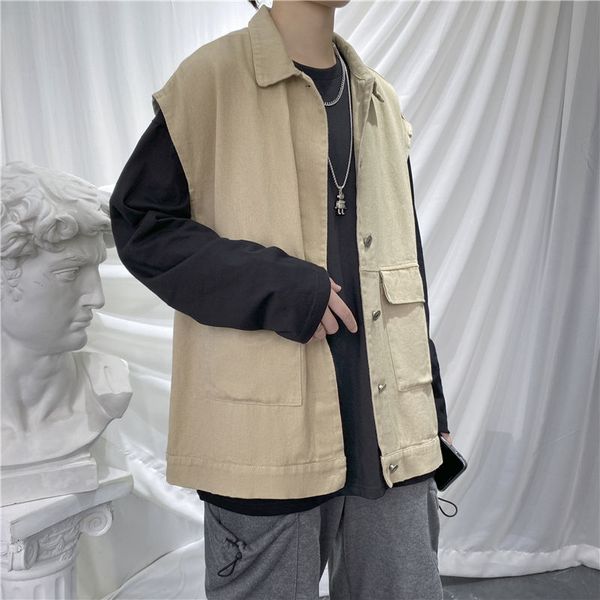 

men's vests autumn korean cotton vest fashion solid color casual men streetwear wild loose big pocket tooling mens m-2xl, Black;white