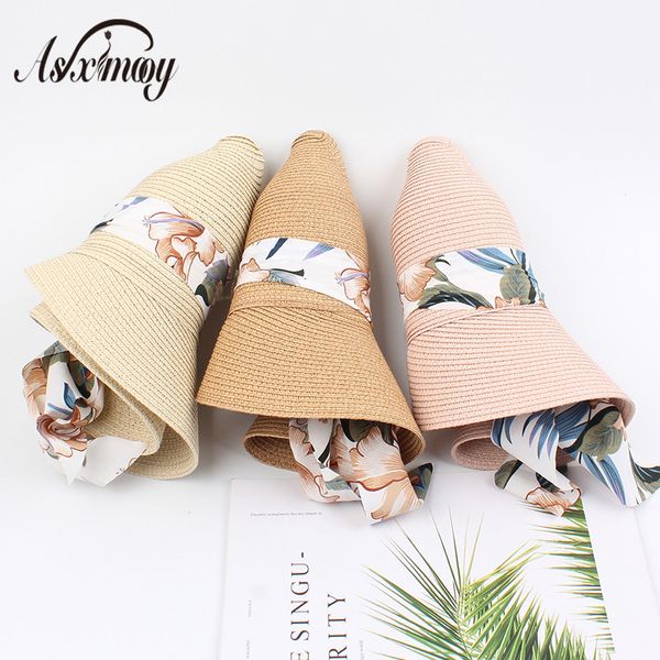 

wide brim hats summer straw hat women bow streamer sun-protection beach panama caps femme ladies fedora foldable fashion 2021, Blue;gray