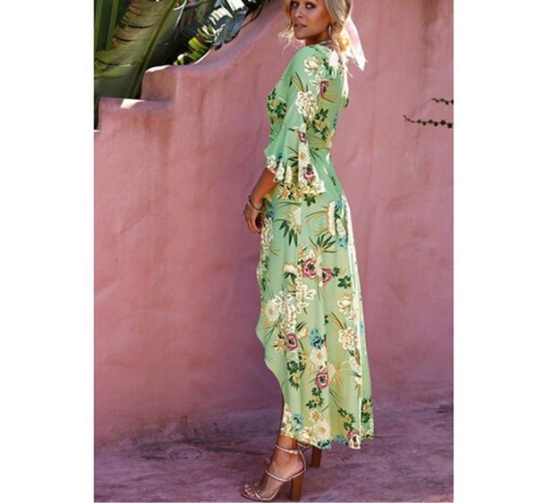 

women floral printed maxi dress 2018 summer long dresses butterfly sleeve retro beach sundress deep v split dress femme002, Black;gray