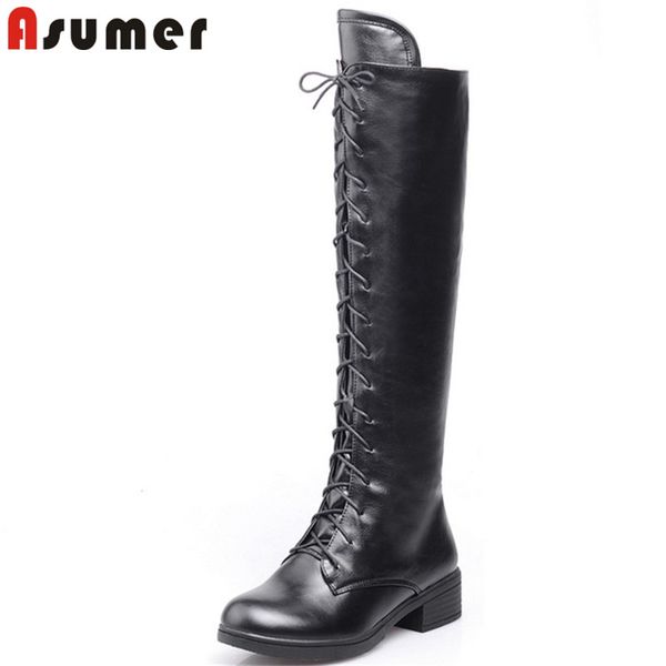 

asumer 2020 big size 43 knee high boots women lace up round toe low heel riding boots fashion autumn winter shoes female, Black