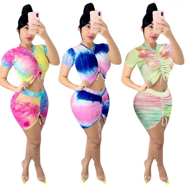

2pcs set female clothing womens designer two piece dress tie dye drawstring pleated short skirt, White
