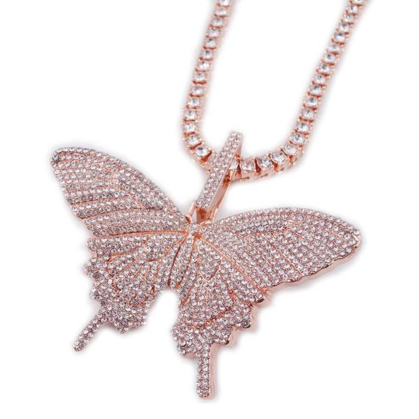 

jewelry hip hop necklace 1 row tennis chain men's women's butterfly pendant rose gold crystal rapper singer gift iced out, Silver