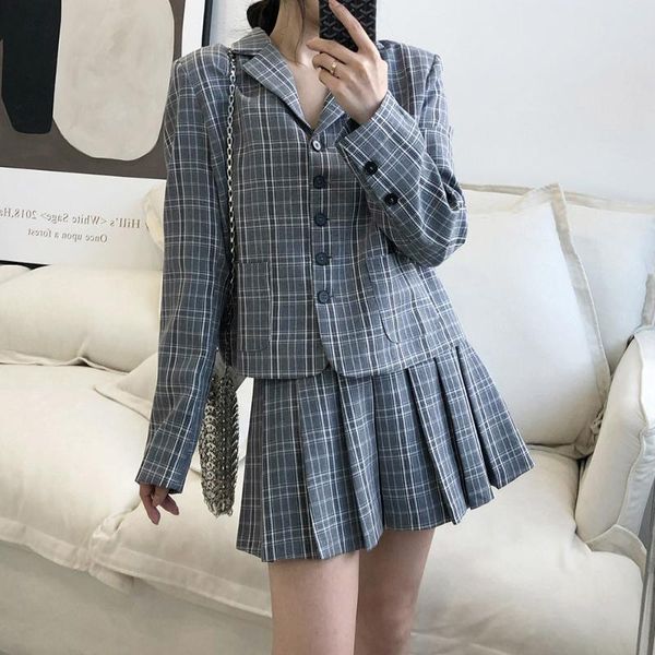 

autumn spring student plaid two piece set preppy style girls blazer skirt suits brit graphics print fashion women suits vintage, White