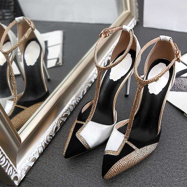 

t-strap summer gladiator sandals shoes woman pumps patchwork crystal sandalias mujer pointed toe high heels sapato feminino, Black