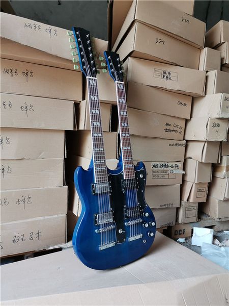 

in stock real pictures from factory double neck electric guitar with hh pickups,chrome hardware,can be customized