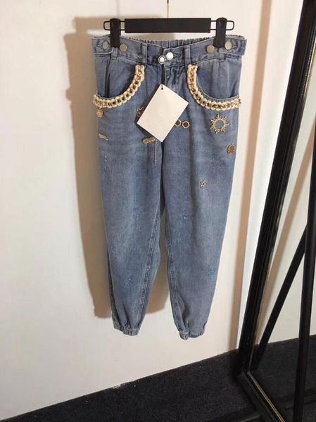 

2020 ss new women jeans elastic waist patches hip hop style harem pants, Blue