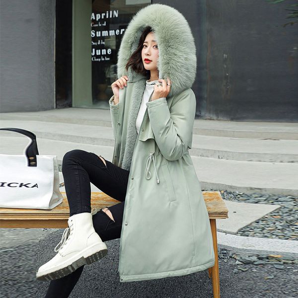 

women's down & parkas women padded coat hooded mid-length big fur collar cotton liner jacket female thick 2021 winter plus size outerwe, Black