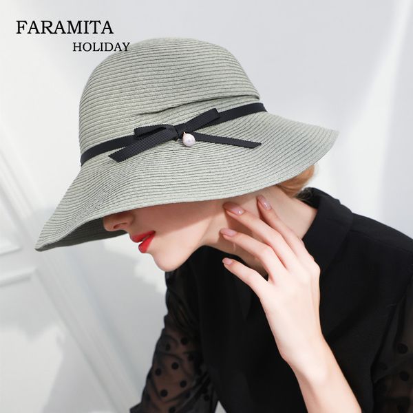 

faramita holiday bucket hats women sunscreen beach summer outdoor ladies wide brim beauty straw travel sun hat caps weaving, Blue;gray