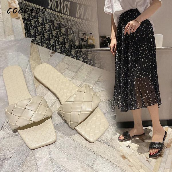 

women's woven slippers wear 2020 summer new wild square head flip flops comfortable fashion wild sandals and slippers, Black