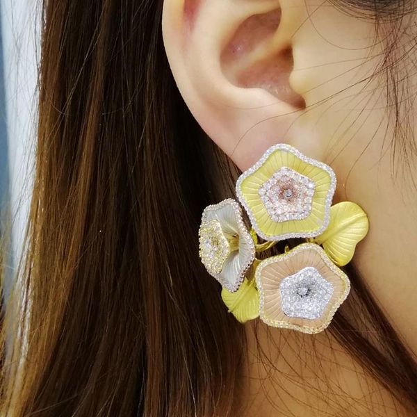

siscathy fashion dubai bridal wedding flower jewelry sets full cubic zirconia stud earrings resizable ring jewelry sets, Silver