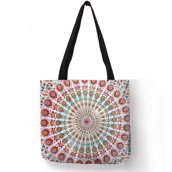 

mandala flower fabric tote bags for women eco linen reusable shopping bag folding floral print handbags for lady traveling beach