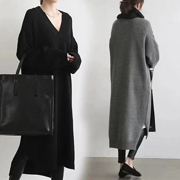 

корейский начале осени 2020 новый v-образный вырез вязаные пуловеры база рубашка большой размер свободный пуловер свитер короткая юбка свите, White;black