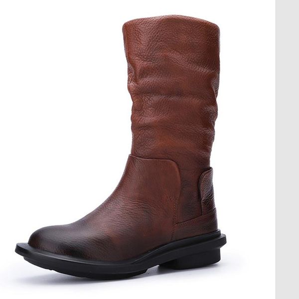 

retro style cow full grain natural vintage leather women flat with mid-calf cool boots round toes riding shoes for women 2020, Black
