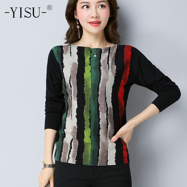

yisu autumn wool sweater striped print knitwear large size s-5xl pullover woman warm female jumper women knitted sweaters, White;black
